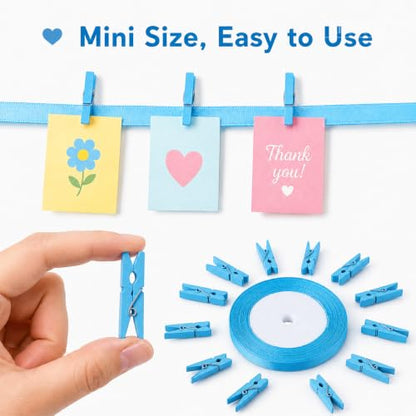 jijAcraft 1.4Inch Mini Clothes Pins - 100Pcs Wooden Clothespins with Ribbon - color: Blue, size: 1.4 inch, 100 pcs