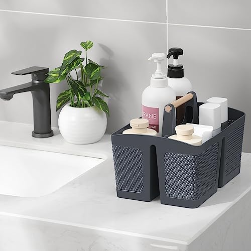 rejomiik Portable Plastic Shower Caddy with Bamboo Handle, Grey - color: Grey