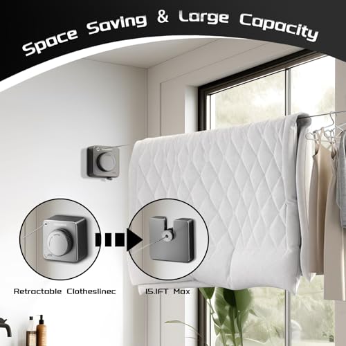 Retractable Clothesline Indoor, Non-Sagging Outdoor Clothes Line Retracting, 16.7 Ft Heavy Duty Clothes Drying Laundry Line, Wall Mounted Stainless Steel Clothesline for Balconies (Grey Update) - color: Grey Update