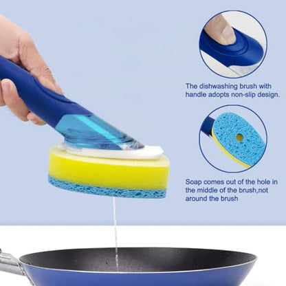 CELOX Dish Sponge with Handle, Dish Scrubber with Soap Dispenser - color: Blue Handle , Blue Sponge Head