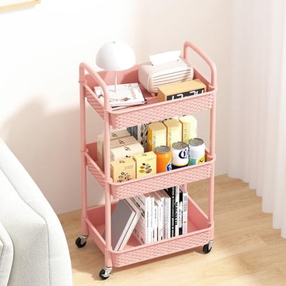 MOYIPIN 3-Tier Plastic Rolling Utility Cart with Handle,Utility,Pink - color: Pink, size: 3-Tiers without cups