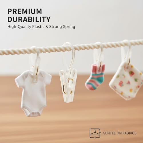 90 Pack Multi-Purpose Laundry Hooks Hanging Clips Bulk with Plastic Rope Hanger Clips for Baby Clothes Closet Organizer for Wardrobe Sock Pants Hat Towel Bathroom(White) - color: White