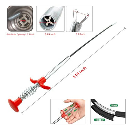 118-Inch Flexible Drain Snake with 4-Claw Grabber for Deep Clogs & Items - style: 118 IN