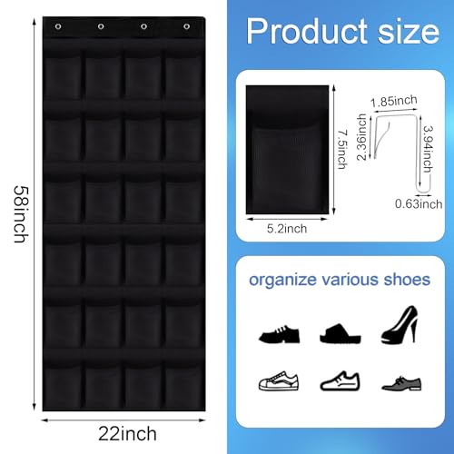 Over the Door Shoe Organizer,24 Mesh Pockets,Hanging Storage (Black) - color: Black, size: 58"x22"