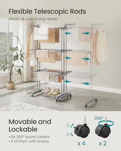 SONGMICS 4-Tier Clothes Drying Rack, Foldable, Rolling, 69.9-Inch Tall - color: Dove Gray, style: 4-Tier + Extendable Rods