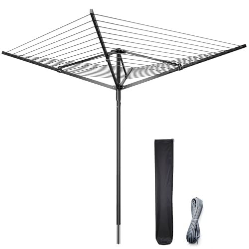 Enayplon 4-Arm Umbrella Clothes Drying Rack, 164 FT Rotary Outdoor Clothesline, Height Adjustable Foldable Laundry Dryer with Ground Spike & Waterproof Protective Cover for Backyard Patio Garden
