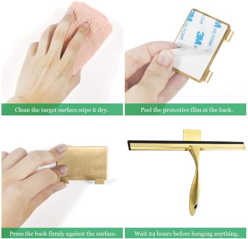 OPERNEE Shower Squeegee with Self Adhesive Hook, 12 Inches Stainless Steel Squeegee Cleaner, All-Purpose Window Scraper for Bathroom Doors, Mirror, Windows and Car Glass, Brushed Gold