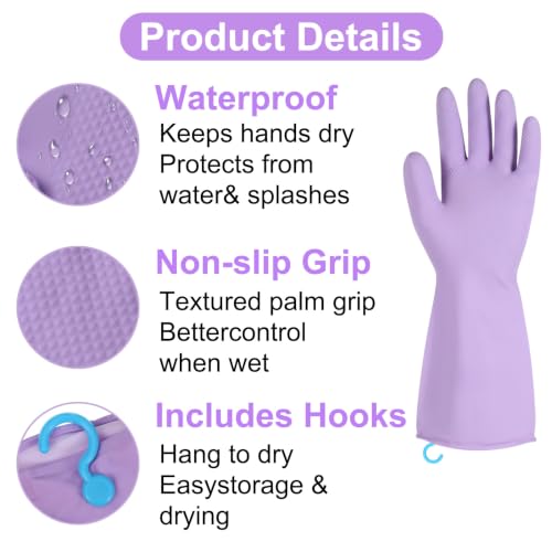 8 Pairs Dish Washing Gloves Bulk with 20 Pcs Hanging Hooks - Heavy Duty Rubber Guantes Para Lavar Platos for Kitchen & Cleaning, Non-Slip, Waterproof, Reusable Dishwashing Gloves Long Cuffs