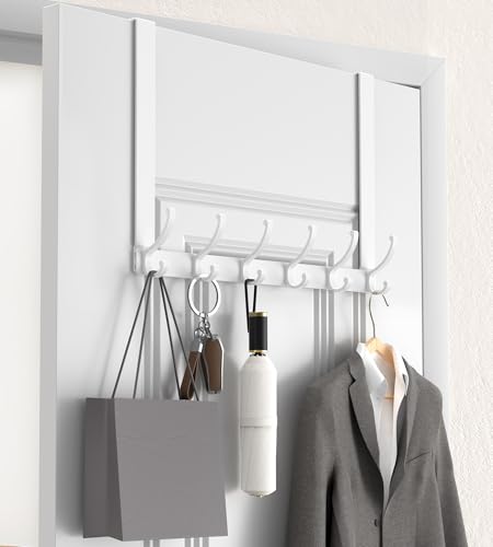 KitchLife Long Over The Door Hooks Hanger with 15.75" Extended Arms, Fits 1 3/8" Doors, F40U, 6 Double-Hanger Design Thickened Heavy Duty Bathroom Towel Rack Organization, Glossy White, 1 Pack - color: Glossy White, size: Fits 1 3/8" Doors with 15.75" Arm