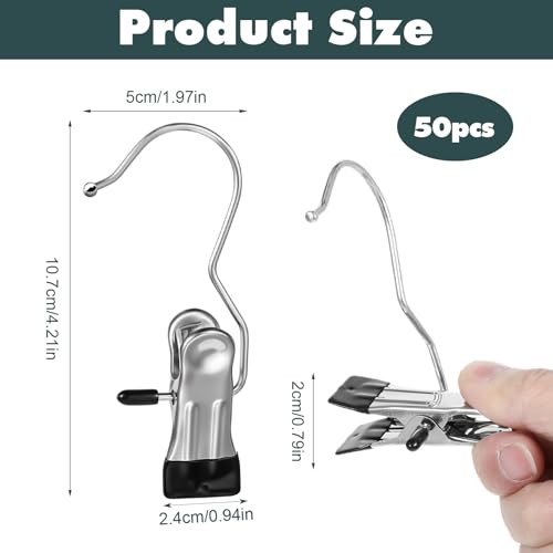 YUXIANLB 50 Pack Boot Hanger Clips Hooks, Heavy Duty Laundry Hooks with Clips, Portable Stainless Steel Clothes Pins Boot Clips for Hanging, Socks Towels Hats Pants Holder for Travel, Closet - size: 50 Count (Pack of 1)