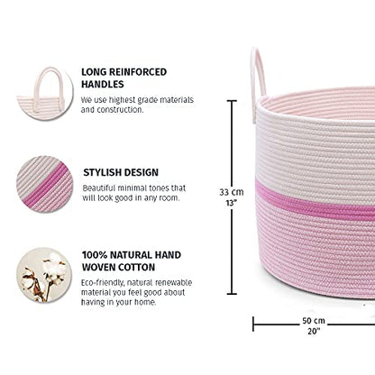 OrganiHaus Round Toy Basket & Blanket Basket, Cotton Rope 20x13" - color: Striped Pink, size: Wide