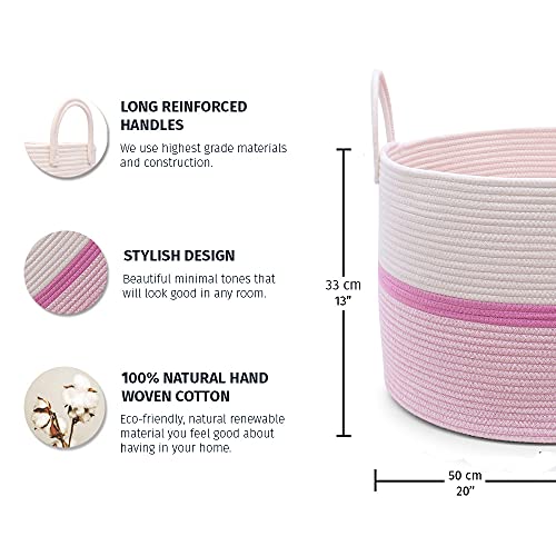 OrganiHaus Round Toy Basket & Blanket Basket, Cotton Rope 20x13" - color: Striped Pink, size: Wide