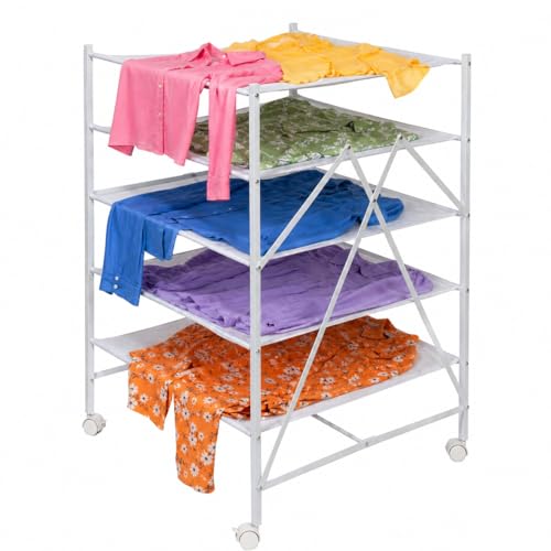 Honey-Can-Do 5-Tier Mesh Laundry Drying Rack with Wheels, Soft Nylon Flat Drying for Sweaters Delicates, Foldable Rolling Clothes Rack, 43 Linear Feet, Holds 30 lbs, White