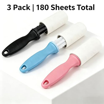 Lint Roller for Pet Hair, 3 Pack Sticky Rollers with 180 Sheets (60 Each), Reusable Handle, Extra Sticky Fur Remover, Car Dog & Cat Hair Remover for Clothes, Furniture, Carpet, Couch, Car Seats
