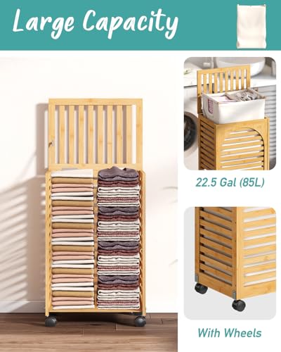 Laundry Hamper with Wheels, Laundry Basket with Lid, 22.5Gallon (85L) Bamboo Wood Clothes Laundry Hamper 2 Section with Handles, Removable Liner - color: Natural, size: Medium