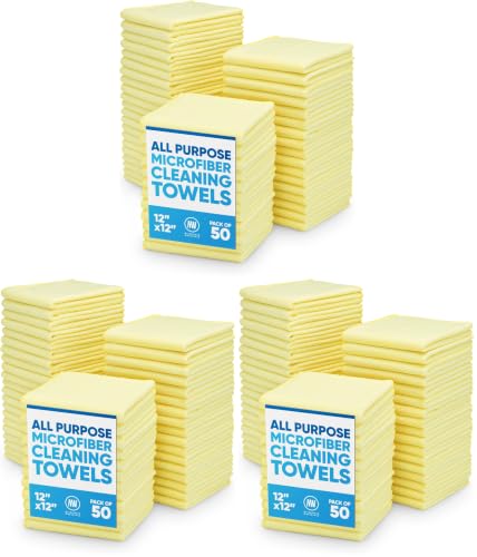 12" x 12" Microfiber Cleaning Cloths (150 Pack) - Reusable Towels, Wash Rags, Dust Cloth, All-Purpose: Kitchen, Dish, Cars, Shop, Glass (Yellow) - color: Yellow, size: 50 Count (Pack of 3)