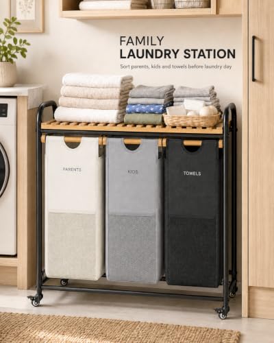 105L Laundry Hamper with Wheels, 3 Section Rolling Laundry Sorter Cart with Bamboo Shelf, Large Clothes Basket for Laundry Room and Bathroom