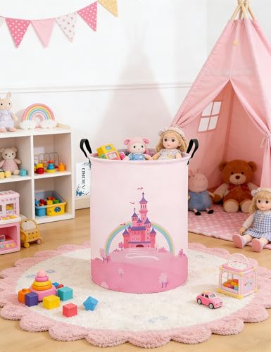 Round Foldable Pink Fairy Castle Laundry Hamper for Teens and Young Adults - color: Round Pink Castle