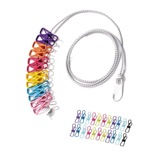 3.8M Travel Clothesline with 22 Clothes Clips, Retractable Portable Clothesline, Multifunctional Clips for for Camper Hotel Room Clothes, Books, Indoor and Outdoor, Colorful