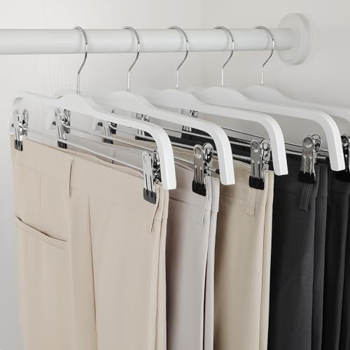 TOPIA HANGER Wooden Pants Hangers,Slim Natural Wood Skirt Hangers with Anti-Rust Hook and Adjustable Metal Clips, Perfect for Skirts, Pants, Slacks-20 Pack-CT17W20 - color: White, size: 20 Pack