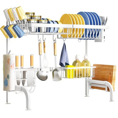 Over The Sink Dish Drying Rack, Adjustable (25.5 to 36.5 inch) 2 Tier Metal Steel Dish Drying Racks for Kitchen Counter with Hooks Paper Towel Utensil Cup Holder Sink Caddy (White) - color: White