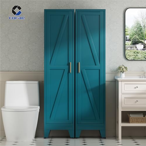 COFaR 67'' Tall Slim Bathroom Storage Cabinet, Metal Narrow Pantry Cabinet with 4 Adjustable Shelves and One Door, Skinny Cabinet Storage for Kitchen Laundry, Peacock Blue Farmhouse 5 Tiers - color: Peacock Blue, size: 11.81''D × 15.75''W × 66.93''H-S04