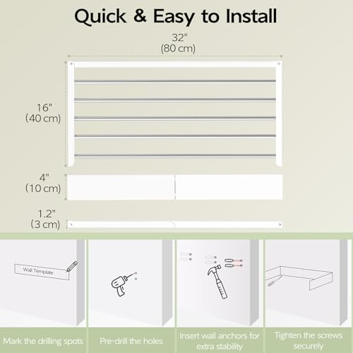 Vikaqi Wall Mounted Clothes Drying Rack 32", Foldable Wall Laundry Rack - color: White, size: 32" Wide