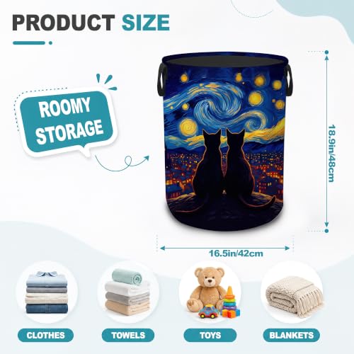 Laundry Basket,Black Cat Starry Night Foldable Clothes Hamper with Handles,City Sky Waterproof Oxford Cloth Storage Organizer for Bedroom Bathroom College Dorm,16" x 20" - color: Black Cat Starry Night,City Sky