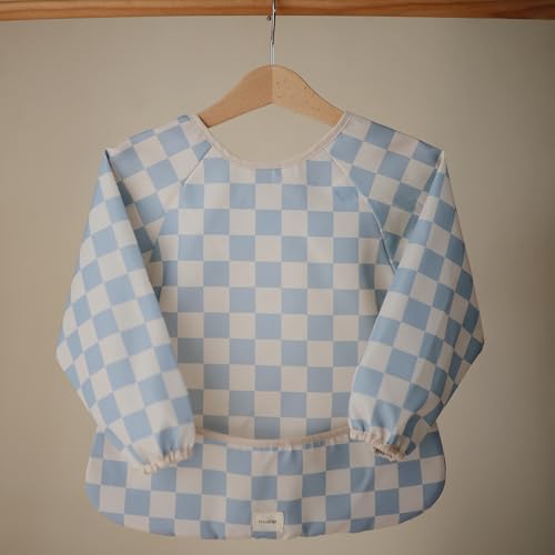 mushie Long Sleeve Baby Bib | Water Resistant Adjustable Fit - color: Blue Check