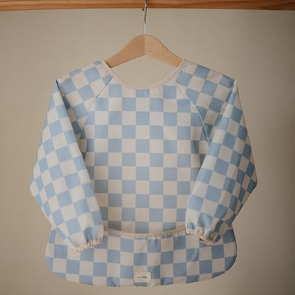 mushie Long Sleeve Baby Bib | Water Resistant Adjustable Fit - color: Blue Check