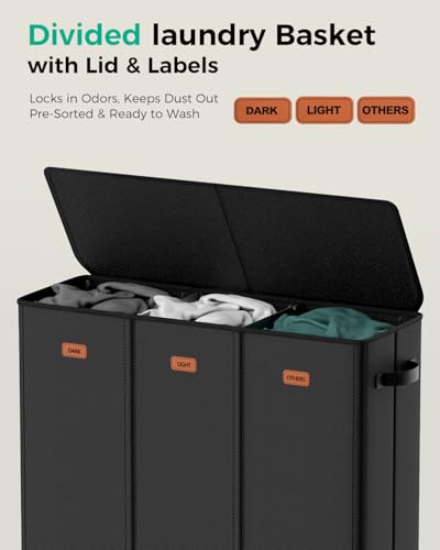 185L Laundry Hamper 3 Section with Lid & Removable Bags - color: Black, size: 185L - 3 Section