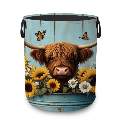 Laundry Basket,Highland Cow Sunflower Foldable Clothes Hamper with Handles,Blue Farmhouse Waterproof Oxford Cloth Storage Organizer for Bedroom Bathroom College Dorm,16" x 20" - color: Highland Cow Sunflower,Blue Farmhouse