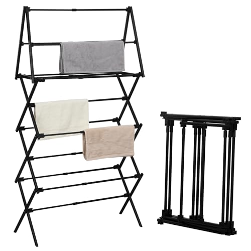 ZOES HOMEWARE 4 Tier Clothes Drying Rack Foldable | Foldable Clothing Drying Rack | Laundry Drying Rack Collapsible for Laundry Room, Dorm, Expandable Sturdy Metal Design | Black 29"L x 11.5"W x 53"H - color: Black