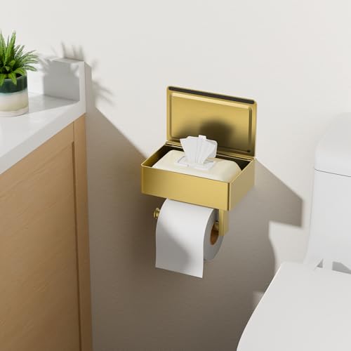 FORIOUS Toilet Paper Holder with Shelf, Wall-Mounted Modern Wipes Dispenser - color: Brushed Gold, size: Big 2 Pack-8" (L)