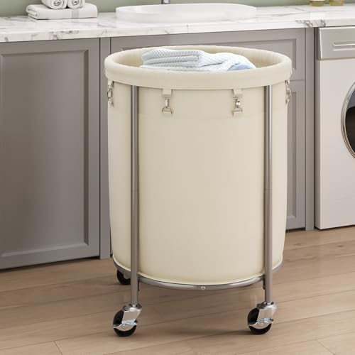 ELYKEN 190L Laundry Basket with Wheels, Steel Frame, Removable Bag, Cream - color: Cream, size: 190L