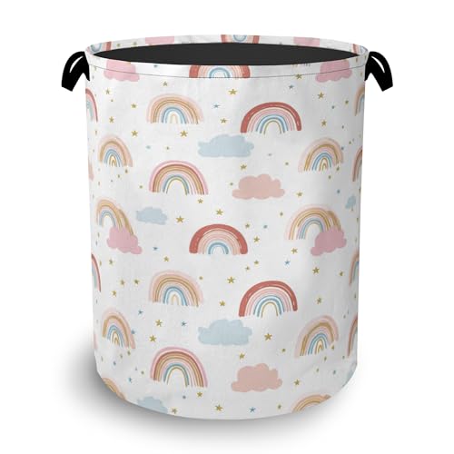 Rainbow Laundry Hamper,Stars Dirty Clothes Laundry Basket with Handles Waterproof Oxford Cloth Storage Basket for College Dorms Bathroom Bedroom 16" x 20.8" - color: Rainbow Stars