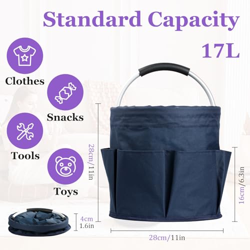 17L Cleaning Caddy with Handle, Portable Shower Caddy in 600D Oxford Fabric, Bucket Tool Organizer with 6 Side Pockets, Collapsible Storage Basket for Cleaning, Camping, Navy Blue - color: Navy Blue, size: 1PCS