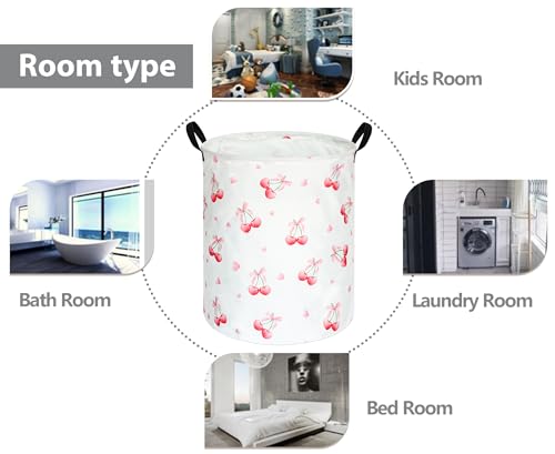 Cherry Print Round Laundry Hamper Storage Basket Bins Clothes Nursery Hamper for Home, Gift Storage Bins with Handles - color: Cherry