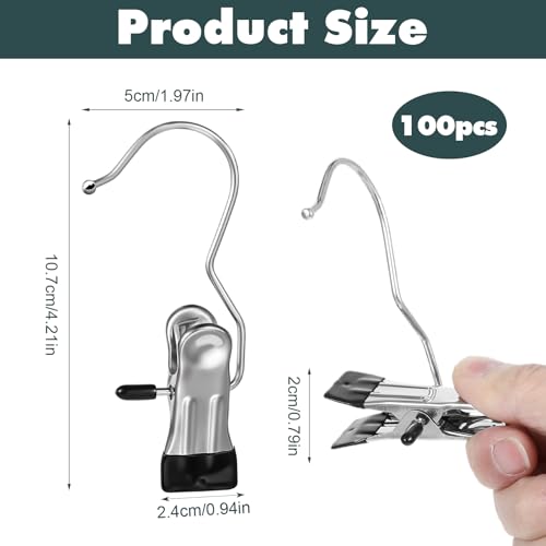 YUXIANLB 100 Pack Boot Hanger Clips Hooks, Heavy Duty Laundry Hooks with Clip, Portable Stainless Steel Clothes Pins Boot Clips for Hanging, Socks Towels Hats Pants Holder for Travel, Closet - size: 100 Count (Pack of 1)