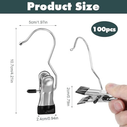YUXIANLB 100 Pack Boot Hanger Clips Hooks, Heavy Duty Laundry Hooks with Clip, Portable Stainless Steel Clothes Pins Boot Clips for Hanging, Socks Towels Hats Pants Holder for Travel, Closet - size: 100 Count (Pack of 1)