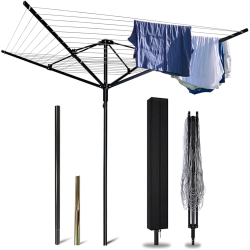 A-xctoe Rotary Outdoor Umbrella Drying Rack Adjustable Height Clothesline w/Waterproof Protective Cover Folding Rotary Dryer with 4-Aluminum Arms and Steel Post | 12-Lines with 165 ft Clothesline