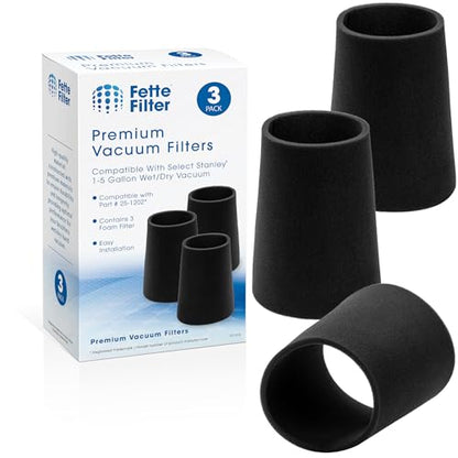 Fette Filter - 25-1202 Foam Filter Compatible with Stanley 1-5 Gallon Wet/Dry Vacuum SL18910P-3, SL18129, SL18133,SL18129 Filter Sponge Vacuum Cleaner -Pack of 3