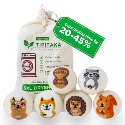 Laundry Wool Dryer Balls | Natural Fabric Softener – Reusable, Eco-Friendly, Reduces Drying Time – Wool Balls Replaces Dryer Sheets - 6 XL Pack - Laundry Balls for Dryer - color: Animals
