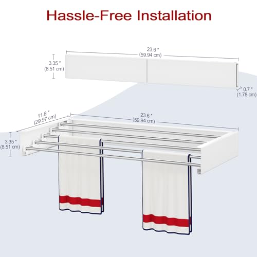 Wall Mounted Drying Rack 23.6", Foldable Laundry Drying Rack with Stainless Steel Rods, Retractable Laundry Space Saver for Indoor & Outdoor Use, Include Wall Template - color: White, size: 23.6" Wide