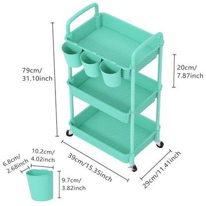 MOYIPIN 3-Tier Plastic Rolling Utility Cart with Handle,Turquoise - color: Turquoise, size: 3-Tiers with cups
