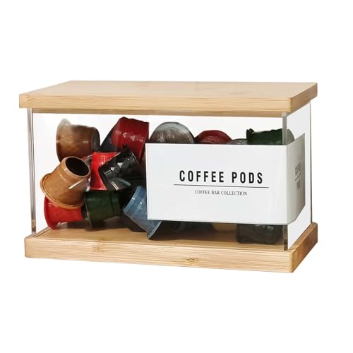 Coffee Pod Holder Laundry Pods Container, Acrylic Dishwasher Pod Container with Bamboo Lid and Extra Labels, Candy Dispenser for Coffee Bar Kitchen Countertop