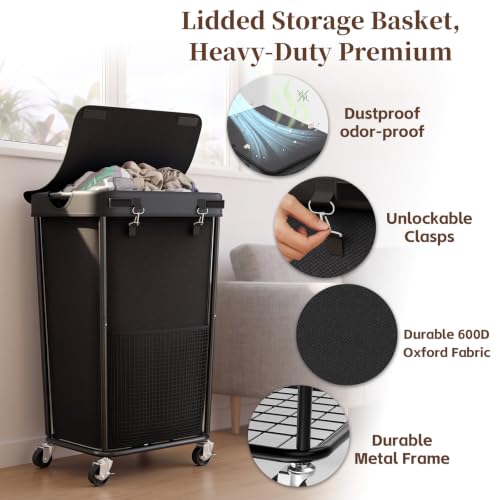 Laundry Hamper with Wheels and Lid, 110L Large Rolling Laundry Basket Black - color: Black, size: 110L