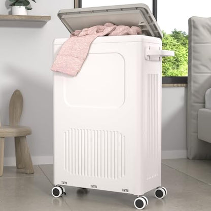 Slim Laundry Hamper with Lid 50L Rolling Basket - color: Milky, size: 50L