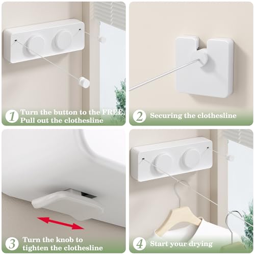 Danpoo Retractable Clothesline, Anti-Sag Adjustable Knob Heavy-Duty Clothes Line for Indoors/Outdoors with 2 * 13.8ft Stainless Steel Wire, Laundry Wall Drying Solutions - style: White