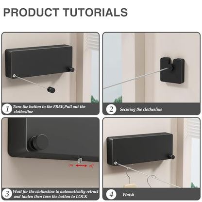 Retractable Clothesline Indoor, Non-Sagging Clothes line retracting Outdoor, Heavy Duty Wall Mounted Laundry Line Adjustable Stainless Steel for Laundryroom, Bathroom, 15.8 Feets Double Lines Black - style: Black